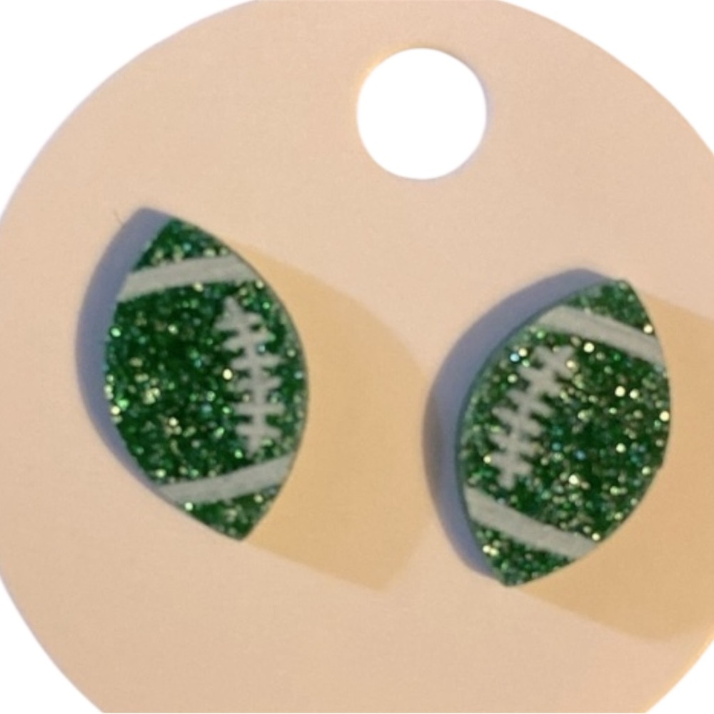 New Football Earrings, Pierced Earrings, Wooden, Green, Sparkling​​​